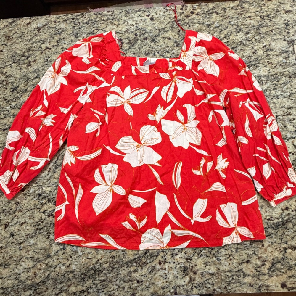 Ava & Viv Womens 1X Red Floral Square Neck Puff Sleeve Blouse Top Plus Size